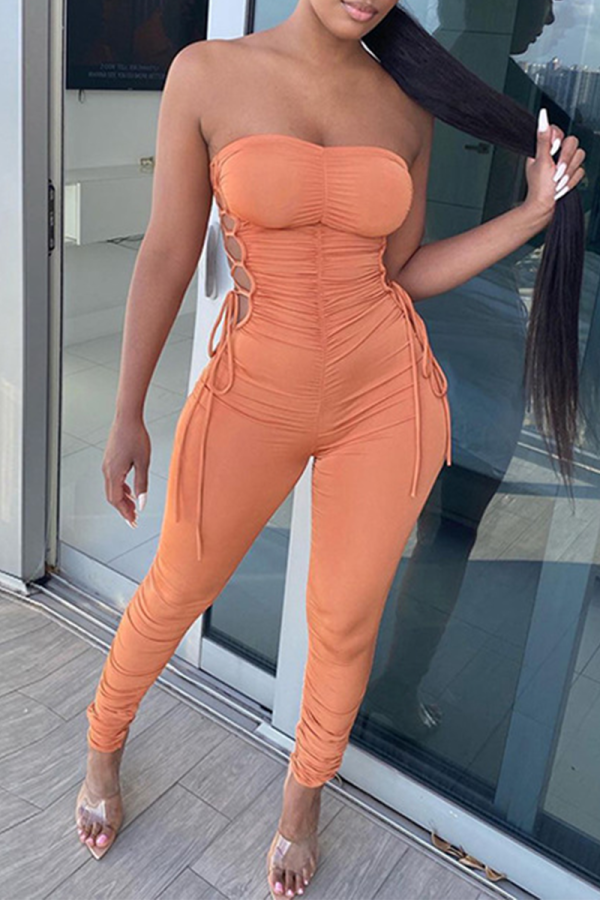 Oranje sexy effen bandage uitgeholde strapless reguliere jumpsuits