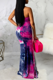 Rose Red Sexy Patchwork Hollowed Out Tie-dye Halter Cake Skirt Dresses