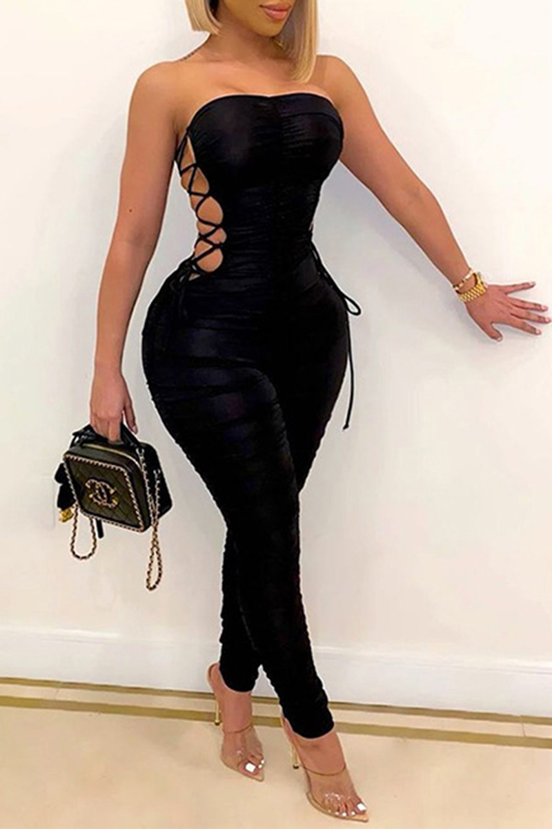 

Black Sexy Solid Bandage Hollowed Out Strapless Regular Jumpsuits