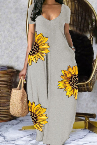 Grey Casual Print Patchwork V Neck Short Sleeve Dress Dresses