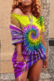 Bleu foncé Fashion Cap Sleeve 3/4 Length Sleeves O neck Step Skirt Mini Rainbow Paisley asymétrique