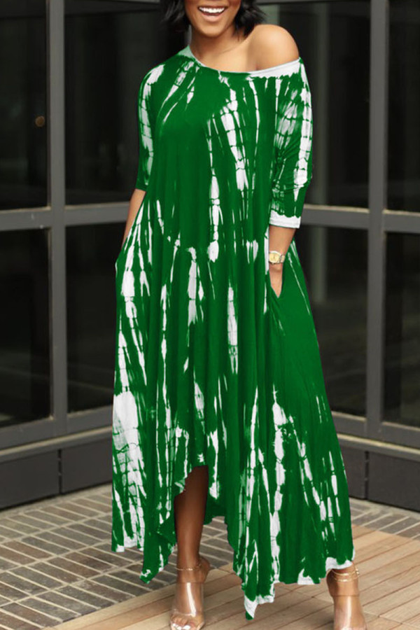 Groene Britse stijl print patchwork asymmetrische O-hals onregelmatige jurkjurken
