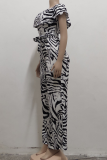 Black And White Sexy Zebra Print Patchwork Off the Shoulder Regular Jumpsuits