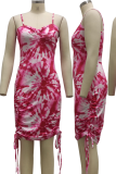 Rose Red Sexy Patchwork Tie-dye Spaghetti Strap Pencil Skirt Dresses