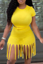 Yellow Casual Solid Tassel O Neck Short Sleeve Two Pieces