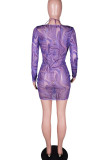 Purple Sexy Print Hollowed Out Patchwork V Neck Pencil Skirt Dresses