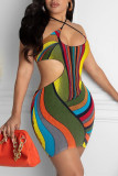 Vestido sexy moda multicolorido estampado vazado sem costas sem alças e sem mangas