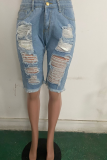 Blue Casual Solid Mid Waist Skinny Distressed Ripped Denim Shorts