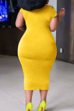 Yellow Casual Ripped Patchwork O Neck Straight Plus Size Dresses