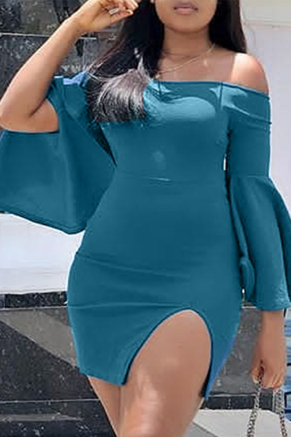 Azul marinho moda sexy adulto fora do ombro manga comprida gola de uma palavra vestido lápis mini split S
