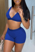 Royal Blue Sexy Solid Patchwork V Neck Sleeveless Two Pieces