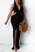 Zwarte sexy effen uitgeholde halter onregelmatige jurk jurken