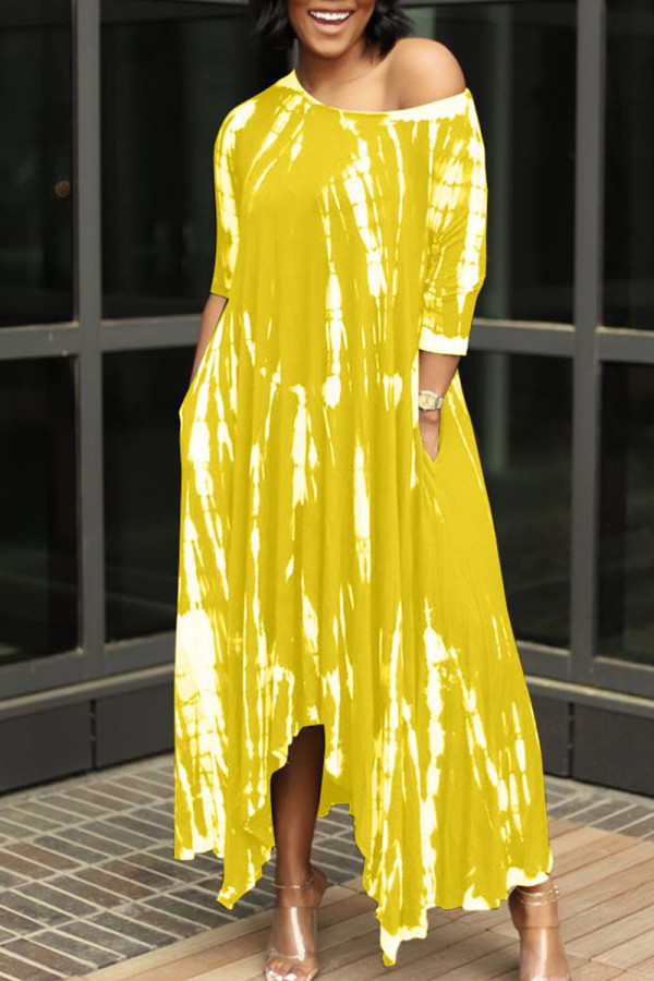 Gele Britse stijl print patchwork asymmetrische O-hals onregelmatige jurk jurken