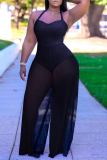 Zwarte sexy effen mesh halter losse jumpsuits