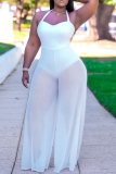 White Sexy Solid Mesh Halter Loose Jumpsuits
