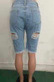 Blue Casual Solid Mid Waist Skinny Distressed Ripped Denim Shorts