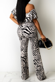 Schwarz-weiße, schulterfreie, reguläre Jumpsuits mit sexy Zebramuster und Patchwork