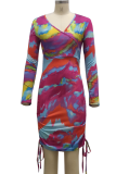 Vestidos de falda de lápiz con cuello en V de patchwork con estampado sexy de color