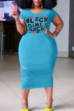 Zwarte casual print gescheurd patchwork O-hals rechte grote maten jurken