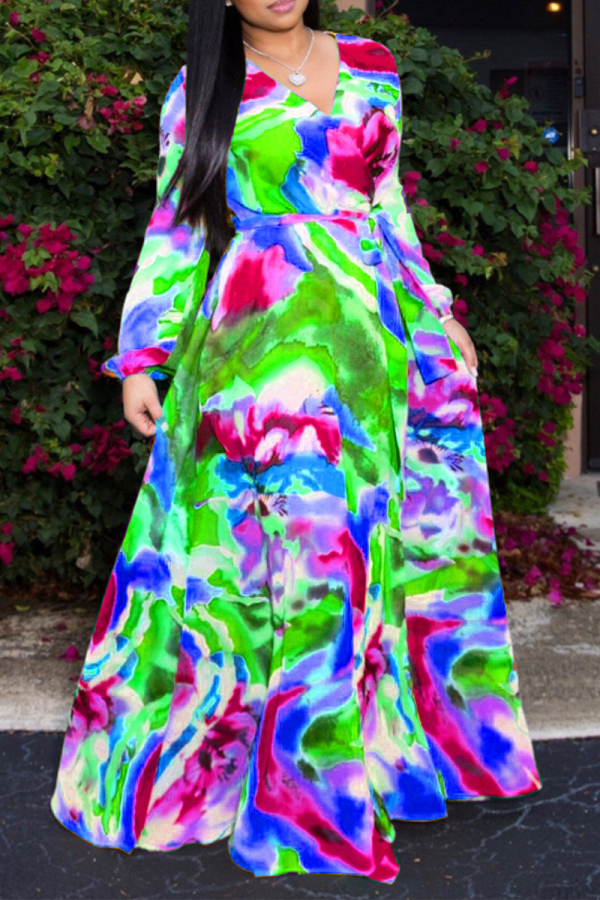 Бирюзовые повседневные платья-юбки с V-образным вырезом и принтом в стиле пэчворк