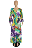 Фиолетовые повседневные платья с принтом в стиле пэчворк и V-образным вырезом