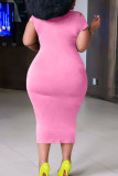 Roze casual print gescheurd patchwork O-hals rechte grote maten jurken