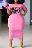 Zwarte casual print gescheurd patchwork O-hals rechte grote maten jurken