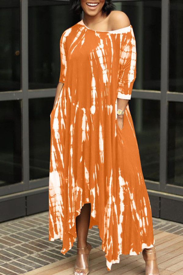 Tangerine Britse stijl print patchwork asymmetrische O-hals onregelmatige jurkjurken
