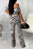 Zwart-witte sexy patchwork off-shoulder reguliere jumpsuits met zebraprint