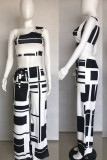 White Sexy Print Bandage Patchwork Oblique Collar Sleeveless Two Pieces