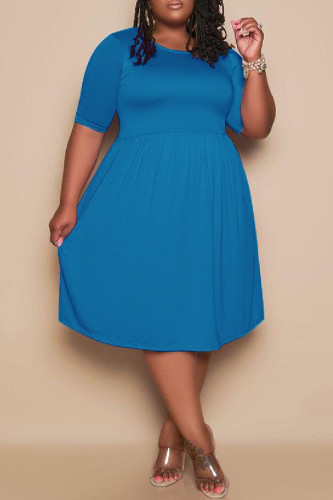 Синее модное повседневное однотонное базовое платье больших размеров с круглым вырезом и короткими рукавами (без кармана)