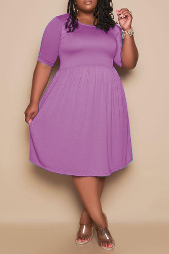 Пурпурное модное повседневное однотонное базовое платье больших размеров с круглым вырезом и короткими рукавами (без кармана)
