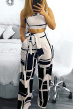 White Sexy Print Bandage Patchwork Oblique Collar Sleeveless Two Pieces