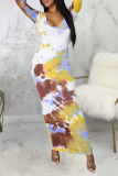 Yellow Sexy Print Patchwork O Neck Pencil Skirt Dresses