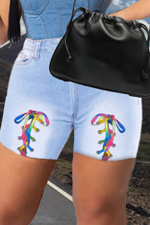 Baby Blue Casual Patchwork Draw String Mid Waist Hot Pant Skinny Denim Shorts