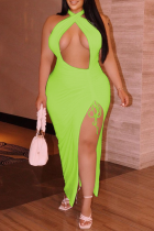 Флуоресцентное зеленое сексуальное сплошное выдолбленное платье с лямкой на шее Нерегулярное платье Платья больших размеров