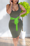 Groene casual print patchwork U-hals A-lijn jurken
