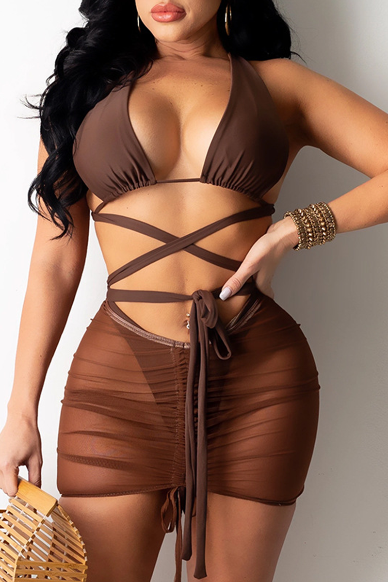 

Dark Brown Sexy Solid Split Joint Swimwears