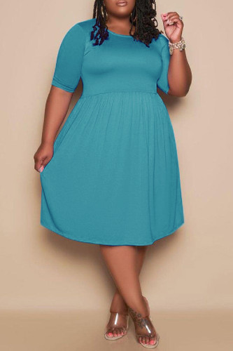 Голубое модное повседневное однотонное базовое платье больших размеров с круглым вырезом и короткими рукавами (без кармана)
