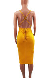 Yellow Sexy Solid Bandage Patchwork Spaghetti Strap Pencil Skirt Dresses