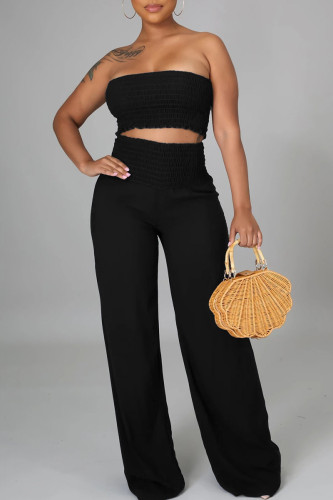Black Elegant Solid Patchwork Strapless Sleeveless Two Pieces
