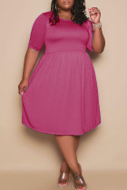 Розово-красное модное повседневное однотонное базовое платье больших размеров с круглым вырезом и короткими рукавами (без кармана)