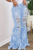Hellblauer Jeans-Reißverschluss mit mittlerem Quastenloch Alte gerade Hosenunterteile