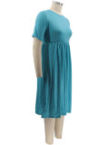 Blauwe mode casual plus size effen basic O-hals jurk met korte mouwen (geen zak)