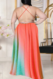 Orange Vert Casual Tie Dye Patchwork Frenulum V Neck Sling Dress Plus Size Robes