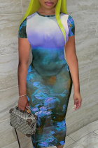 Vestidos de falda de lápiz con cuello en O de patchwork con estampado sexy azul