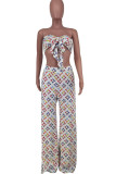 White Sexy Print Patchwork With Bow Strapless Sleeveless Two Pieces