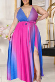 Puderblaues, lässiges Tie-Dye-Patchwork Frenulum V-Ausschnitt Sling Dress Plus Size Kleider