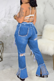 Blue Casual Patchwork Mid Waist Boot Cut Flare Leg Ripped Denim Jeans