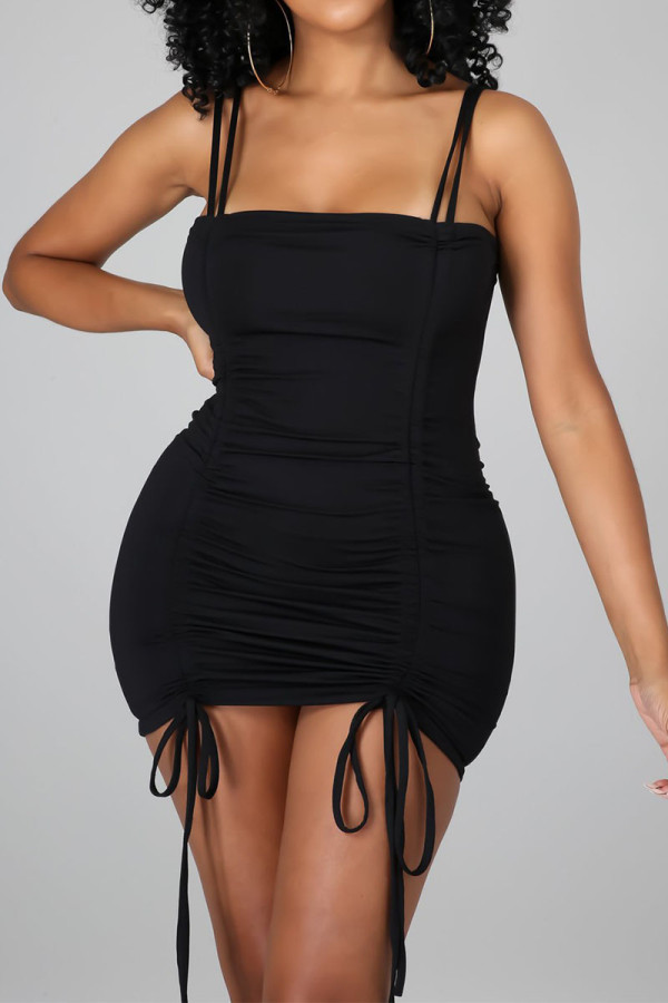 Black Sexy Solid Patchwork Frenulum Fold Spaghetti Strap Pencil Skirt Dresses